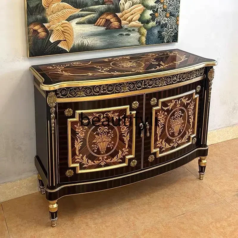 Neoclassical entrance cabinet carved dining side cabinet luxury gold foil painted solid wood decorative cabinet6220