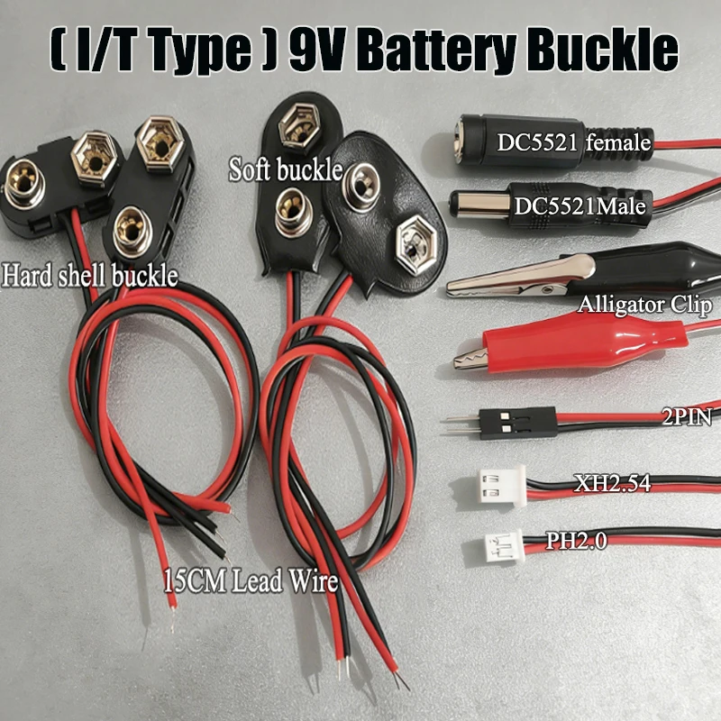 

1Pcs Professional Grade 9V Battery Buckle I/T Type+PH2.0/XH2.54/Crocodile Clip/DC5.5 * 2.1 Male And Female Multi Plug Adapter