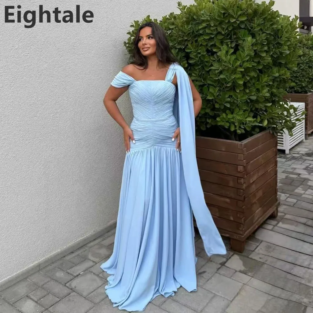 

Eightale 2025 небесно-голубое шифоновое вечернее платье с открытыми плечами, Саудовская Аравия, трапециевидное платье для выпускного вечера, женские вечерние платья по индивидуальному заказу