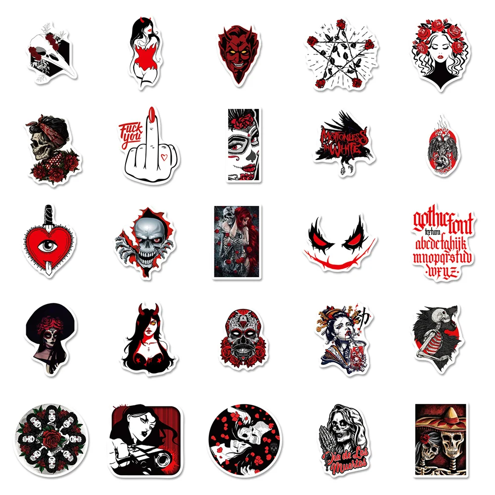 10/30/50PCS Rouge Et Noir Gothique Graffiti Autocollant Imperméable Tendance Créative Décoration Démon Terreur Série Décalque HelmetWholesale