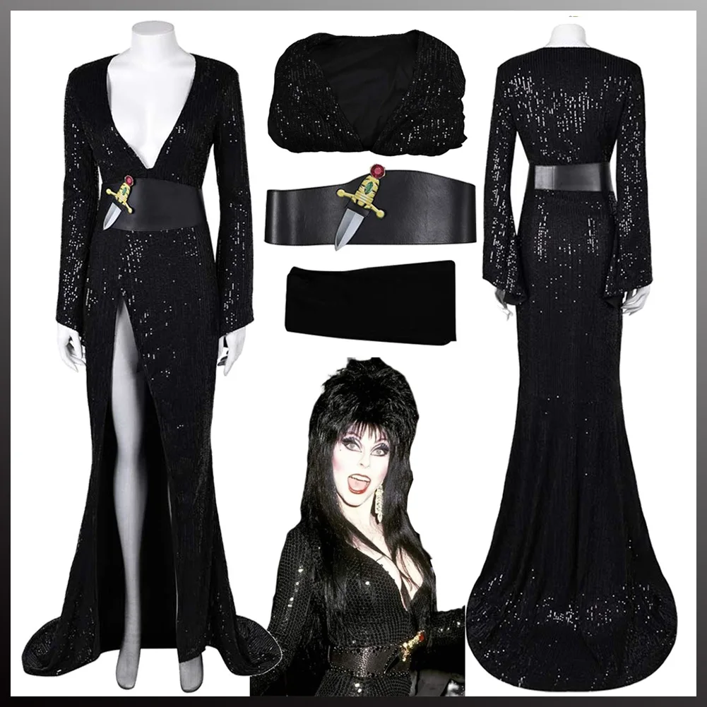 

Disguise Elvila Cosplay Sexy Sequin Dress Clothing Movie Dark Mistress Costume Adult Women Roleplay Fancy Dress Up Party Cloth