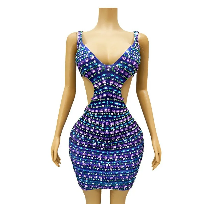 

Diamond Waist Pinched Sexy Dress Singer Costume Prom Talent Show Birthday Party Evening Wear Robes Bal De Promo Dazzling Dresses