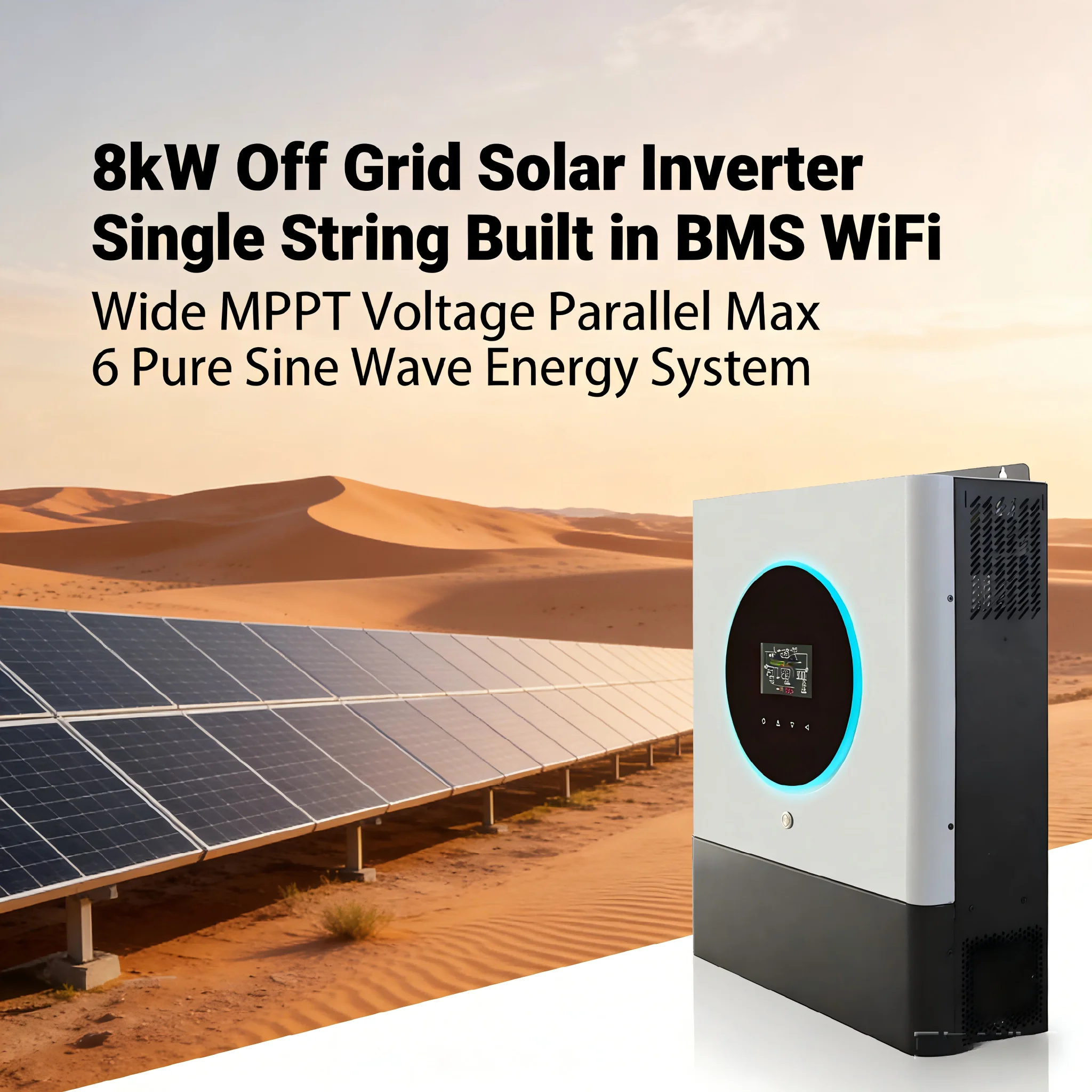 8kW Off Grid Solar Inverter Single String Built In BMS WiFi Wide MPPT Voltage Parallel Max 6 Pure Sine Wave Energy System