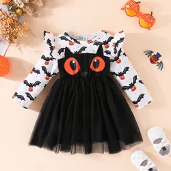 1-6Y Toddler Kids Girl Lace Long Sleeve Cartoon Sweet Dress Halloween Prints Mesh Tulle Princess Dress Lace Dress For Bridesmaid