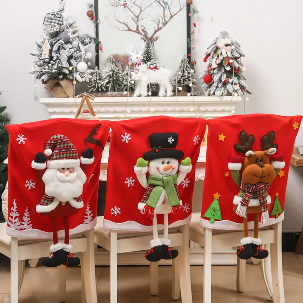 Linen Three-Dimensional Santa Claus Xmas Seat Cover Table Red Hat Chair Back Covers Festival Decorations For Home New Year Party