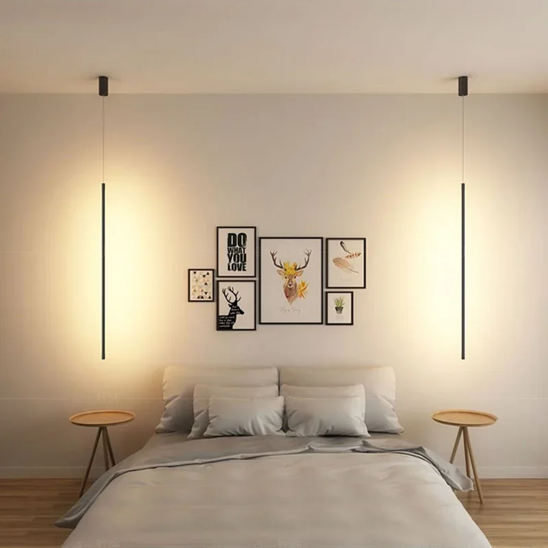 Lampada da terra moderna a sospensione da parete a lunga linea telecomando camera da letto studio minimalista soggiorno Decor luci a LED infissi in