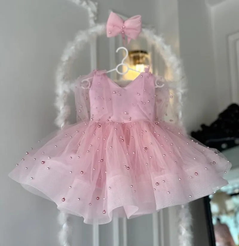 Sparkling Pink Baby Girl Dress Toddler Frock Kids Couture Little Princess Costume Girls Birthday Dress Big Bow 12M 18M 24M