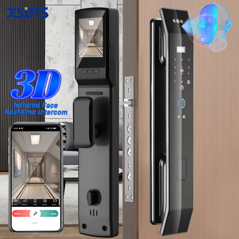 Tuya Smart 3D Face Door Lock Security Camera  Real-time Intercom Monitor Fingerprint Password Biometric Electronic Key Unlock