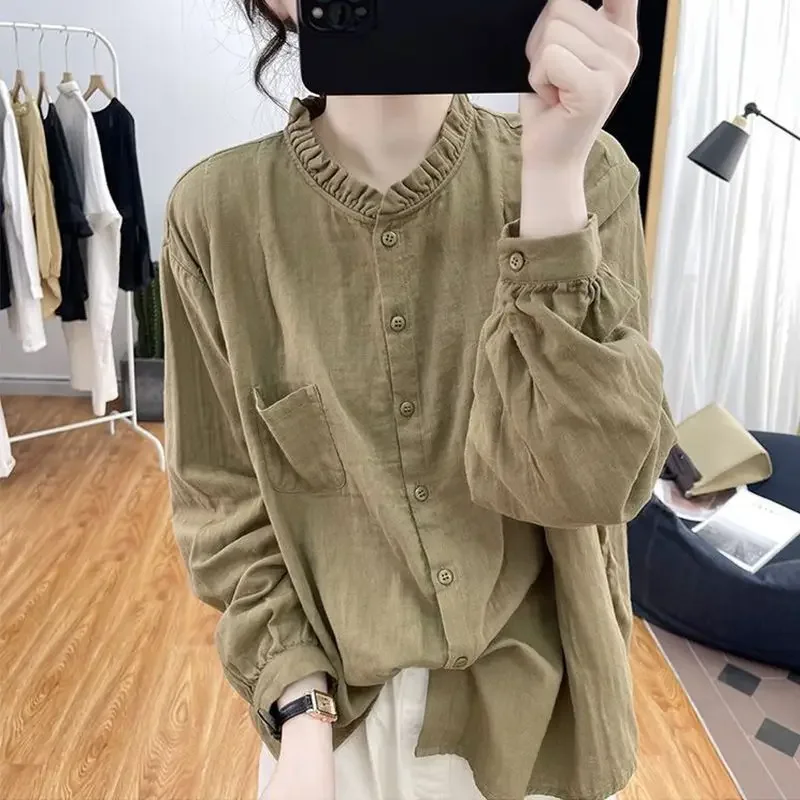 Womens Clothing New Ruffle Solid Vintage Cotton Linen Button Up Shirt Casual Streetwear Y2K Blouse Loose Long Sleeve Tops LJ580