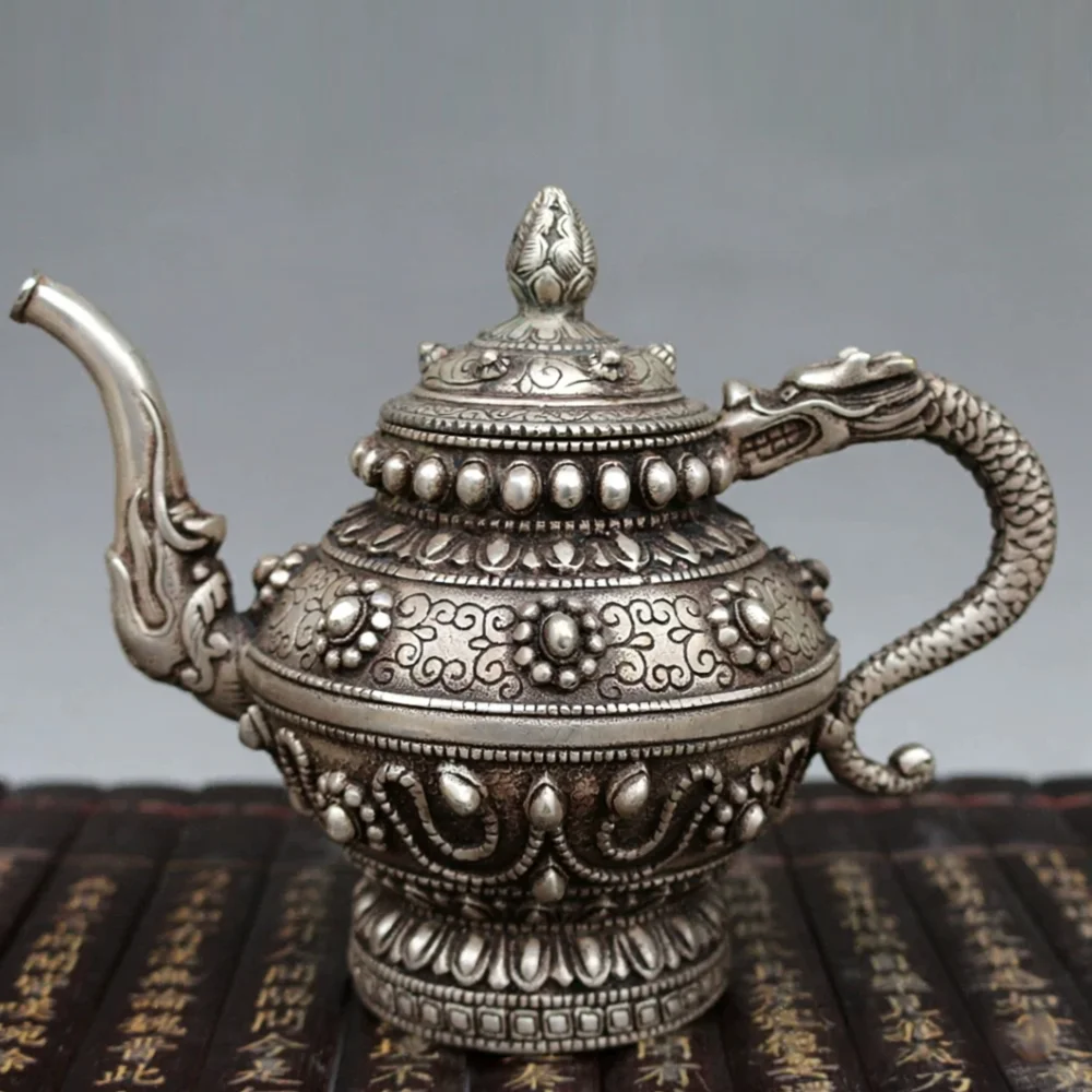 White Copper Silver-Plated Teapot Dragon Handle Wine Kettle Chinese Embossed Floral Ewer Home Ornament Folk Decor