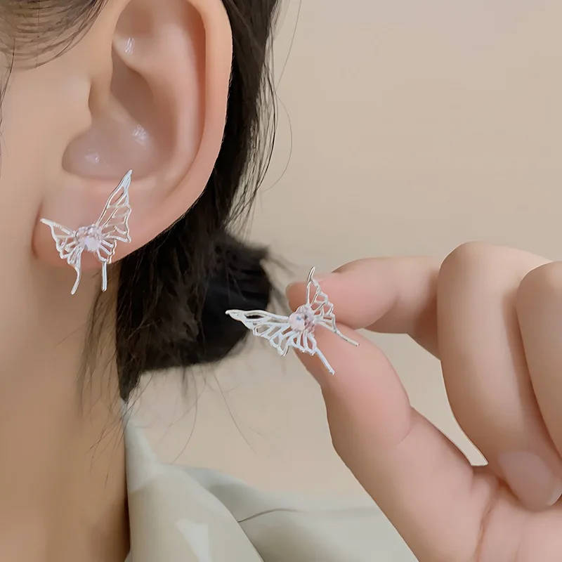 Sam Panda 925 Sterling Silver Hollow Butterfly Earrings For Women Hollow Out Minimalism Sweet Fashion Versatile Jewelry Dropship