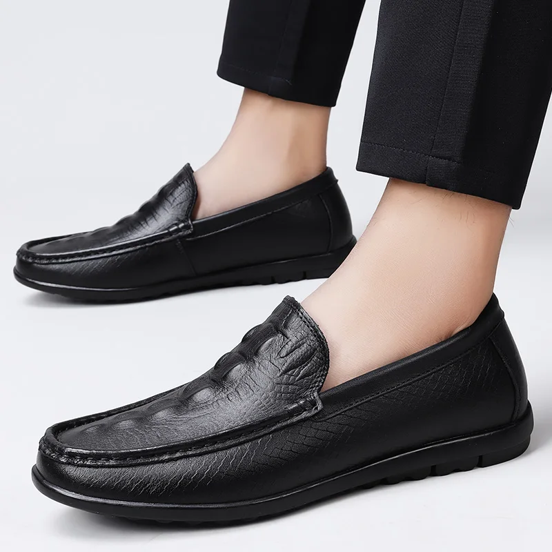 

High Quality Men's Top Layer Cowhide Crocodile Patterned Bean Shoes Classic Black/brown Comfortable and Breathable Driving Shoes