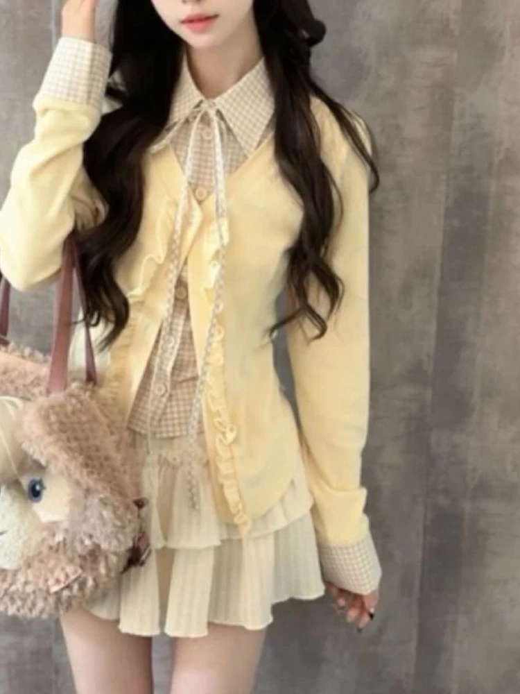 جديد خمر الحلو منقوشة 2 قطعة مجموعة المرأة الرجعية المرقعة كم طويل بلايز + تنورة صغيرة Harajuku موضة أنيقة تصميم وتتسابق