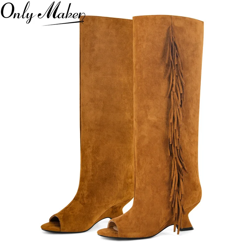 

Onlymaker Women Peep Toe Flock Fringe Shaped Heel Knee High Boots Fashion Kitten Heel Female Boots