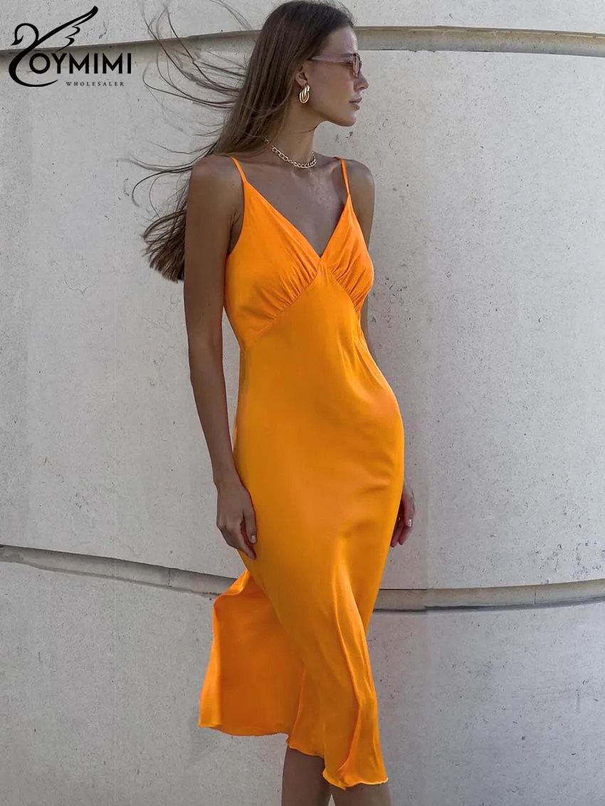 Oymimi Casual Orange Satin Women\'s Dress Fashion Spaghetti Strap Open Back Dresses Autumn Slim Straight Mid-Calf Dresses Female