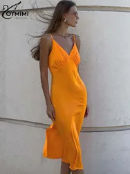 Oymimi Casual Orange Satin Women's Dress Fashion Spaghetti Strap Open Back Dresses Autumn Slim Straight Mid-Calf Dresses Female