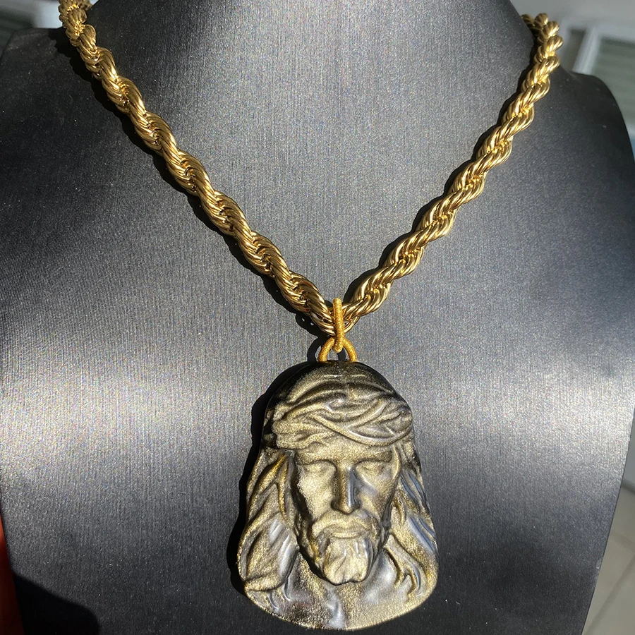 

Модный стиль 5,7 см, натуральный золотой кристалл обсидиана, резьба Иисуса с ожерельем в стиле хип-хоп из нержавеющей стали 50 см