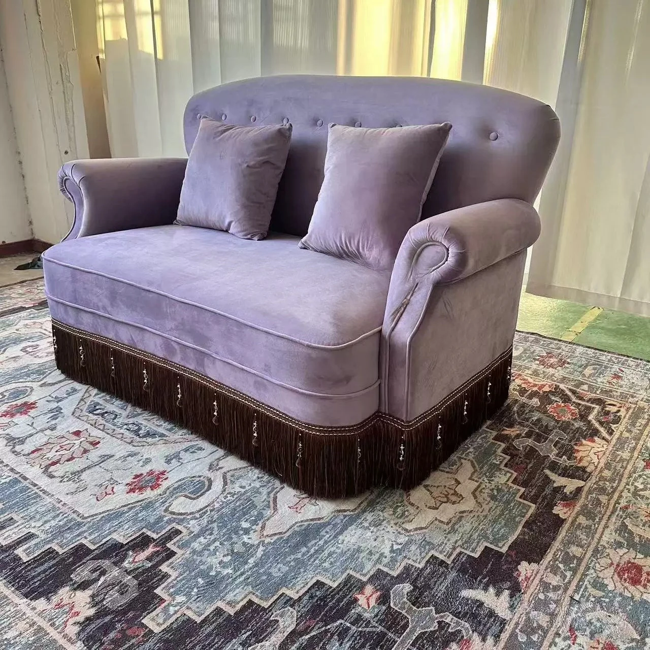 French retro velvet three-person sofa small apartment purple living room American buckle fabric sofa designer