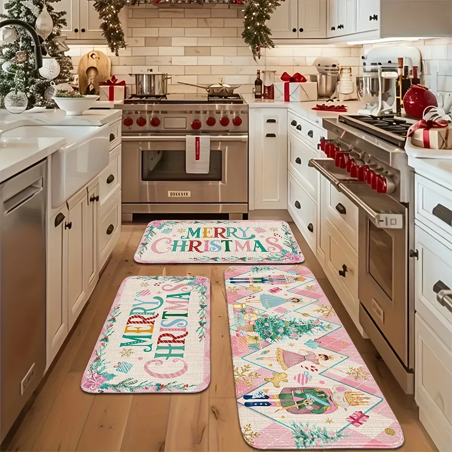 Pink Merry Christmas Kitchen Rug Set, Nutcracker Tree Non-Slip Mat, Holiday Gift Home Decor,Machine Washable Polyester Floor Mat