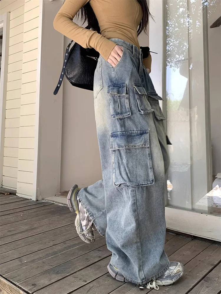 Y2k American Vintage Washed Gradient Color Jeans 2025 Women New Multi Pocket High Street Workwear Loose Wide leg Pants