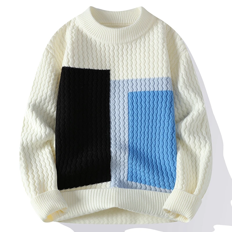 

Men's Round Neck Sweater 2023 Autumn and Winter New Fashionable Youth Trendy Color Locked Striped Long Sleeve Loose Knitted Tops