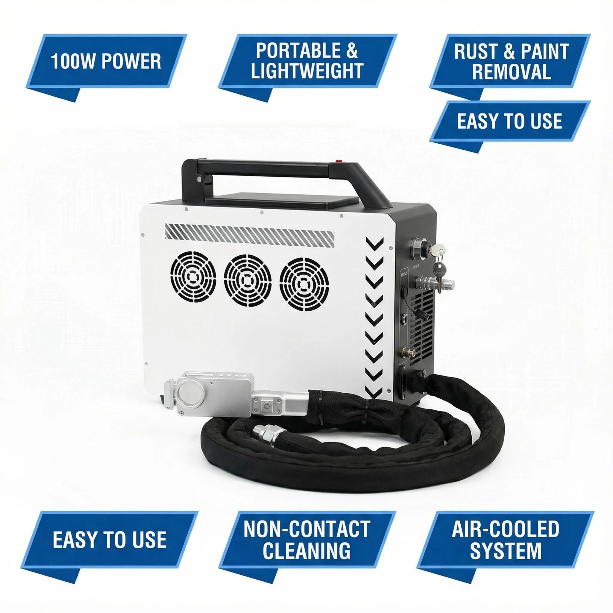 

Новая портативная импульсная волоконная лазерная установка для очистки 100 Вт с воздушным охлаждением для удаления ржавчины, грязи и краски с дерева, алюминия, металла/стали