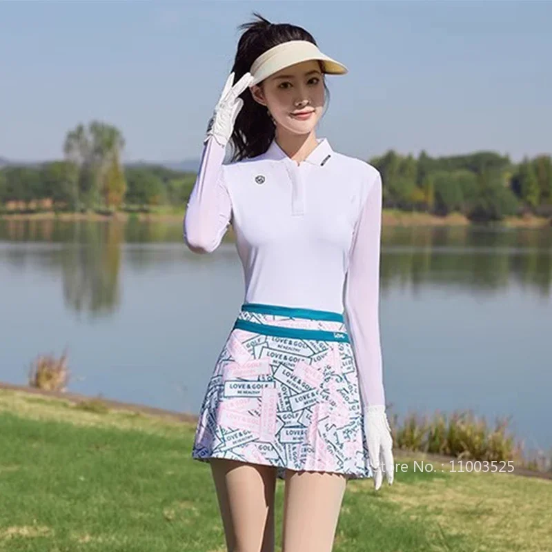 SG Lady-camisa de Golf elástica coreana para mujer, Tops delgados de manga larga de secado rápido, falda de Golf de línea a estampada, Falda plisada de cintura alta, falda deportiva