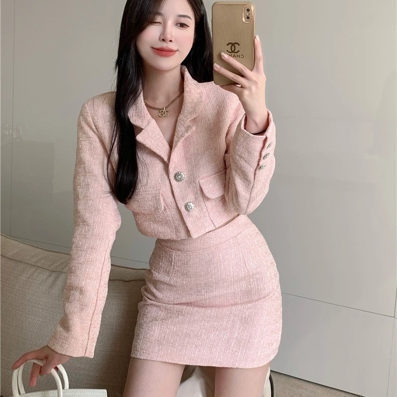 2022 Spring New Korean Fashion Casual Tweed Sets Lapel Jacket Coat + High Waist Bag Hip Mini Skirt Two Piece Suits Female