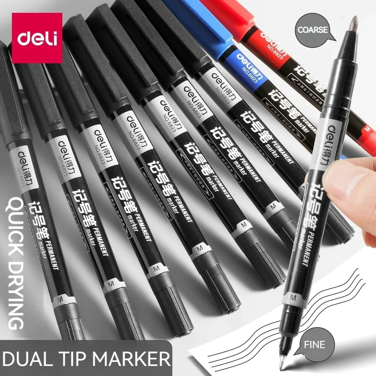 Deli 12pcs/box Twin Tip Permanent Marker Pens 0.5-1.2mm Nib Waterproof Ink Oily Black Ink Fine Point Paint Marker Pen Stationery
