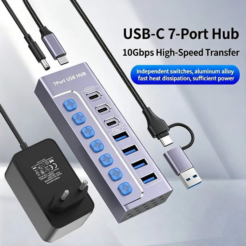 7-Port 3*Type-C 4*USB 3.0 Hub with Individual Switch Charging Data Transfer 7-Port Splitter 10Gbps PC Expansion Dock for Laptop