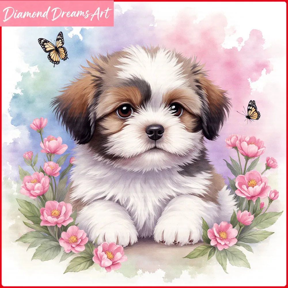 5D DIY Diamantmalerei Hund Rose Diamant-Mosaik Tier Blume Neue Kollektion 2025 Dekorative Gemälde, Rahmenlos