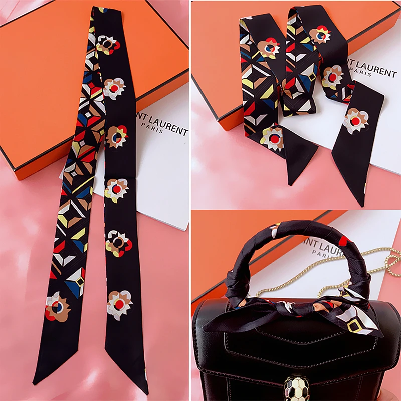 Korean Version of The New Geometric Flower Ladies Simulation silk scarf Variety Magic Tied Bag Handle ribbon Hair Band Scarf