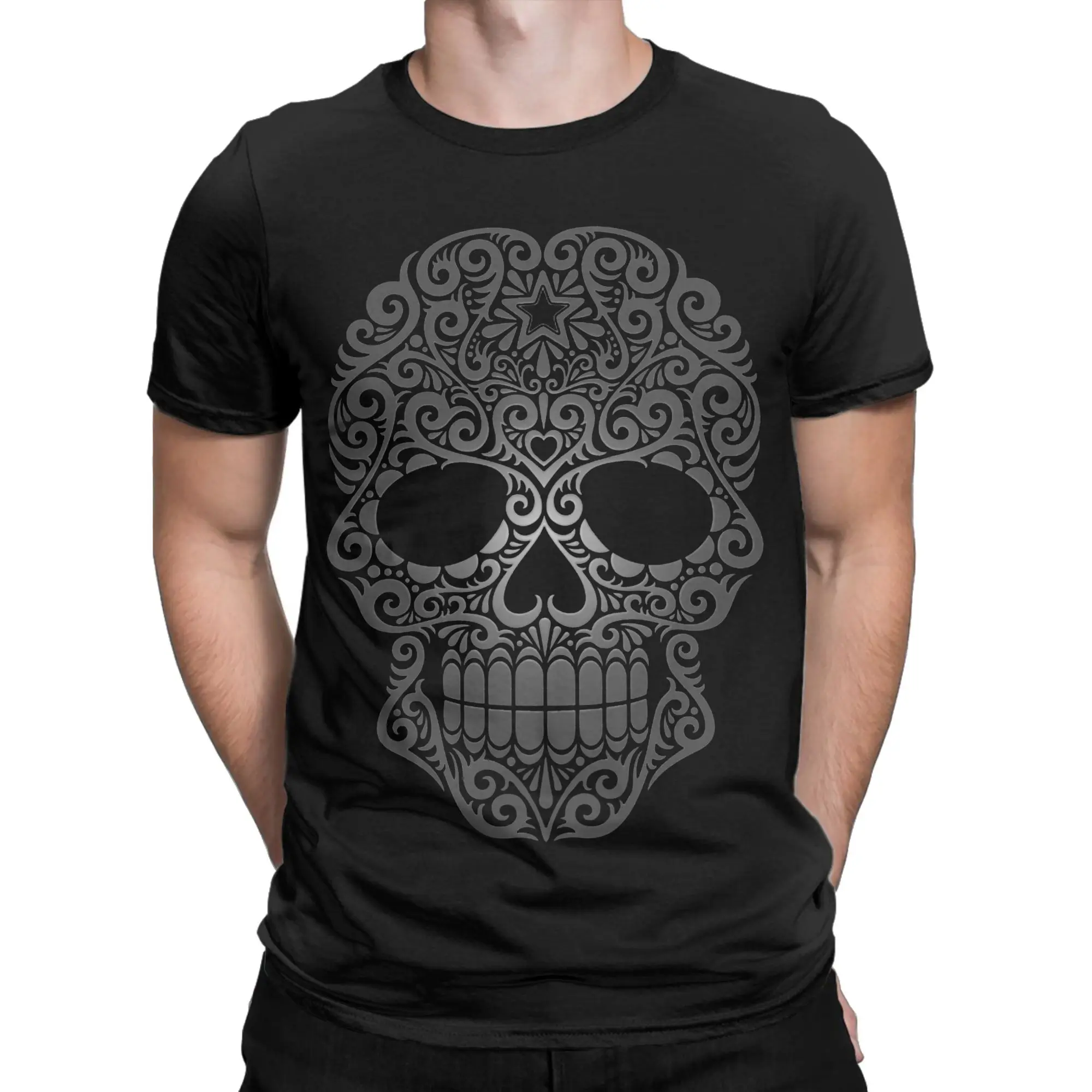 

Dark Swirling Sugar Skull T-Shirt Men Day of the Dead Vintage 100% Cotton Tees Round Neck Short Sleeve T Shirts 4XL 5XL Clothing