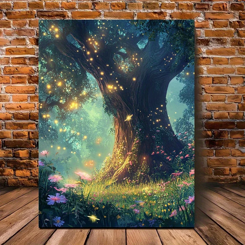 Room Decor Enchanted Forest Canvas Wall Art Vintage Fairy Tale Illustration,Rustic Country Style,Unframed Nature-Inspired Decor