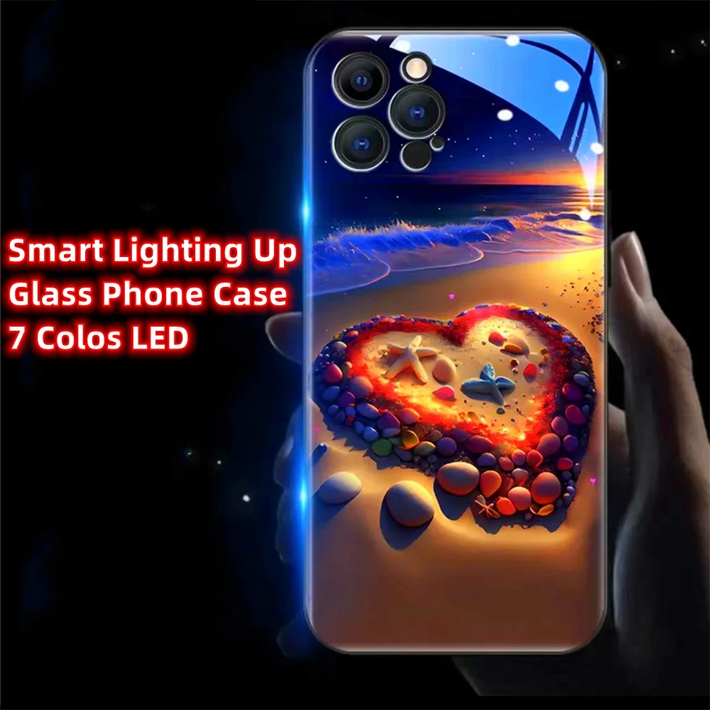 

Luminous Seaside Heart Smart LED Light Glow Tempered Glass Phone Case For iPhone 15 14 13 12 11 Pro Max XR XS Plus 6 7 8 SE2020