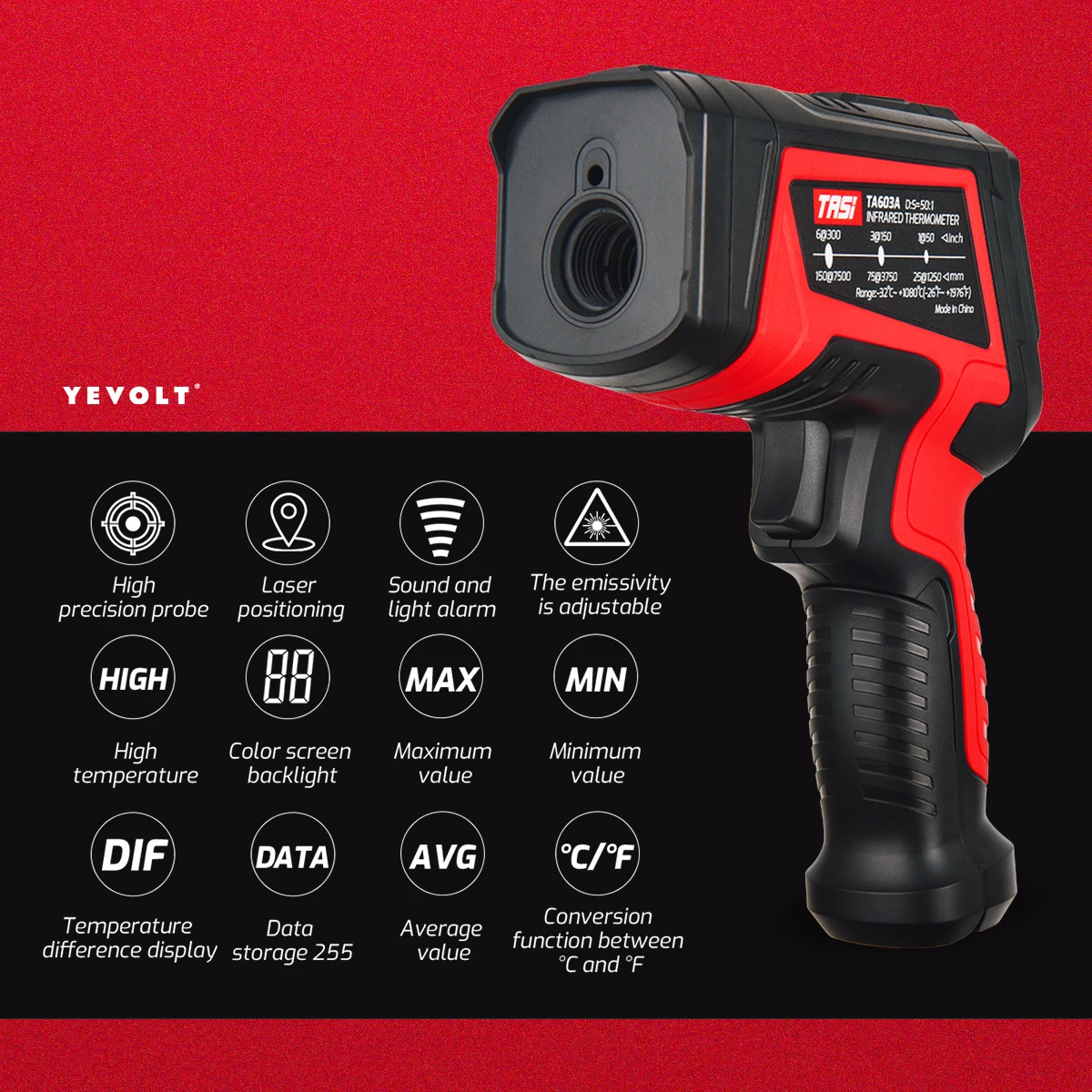 YEVOLT TA603 Series Digital Infrared Thermometer Handheld Non Contact IR Laser Temperature Gun Point Color Screen Backlight