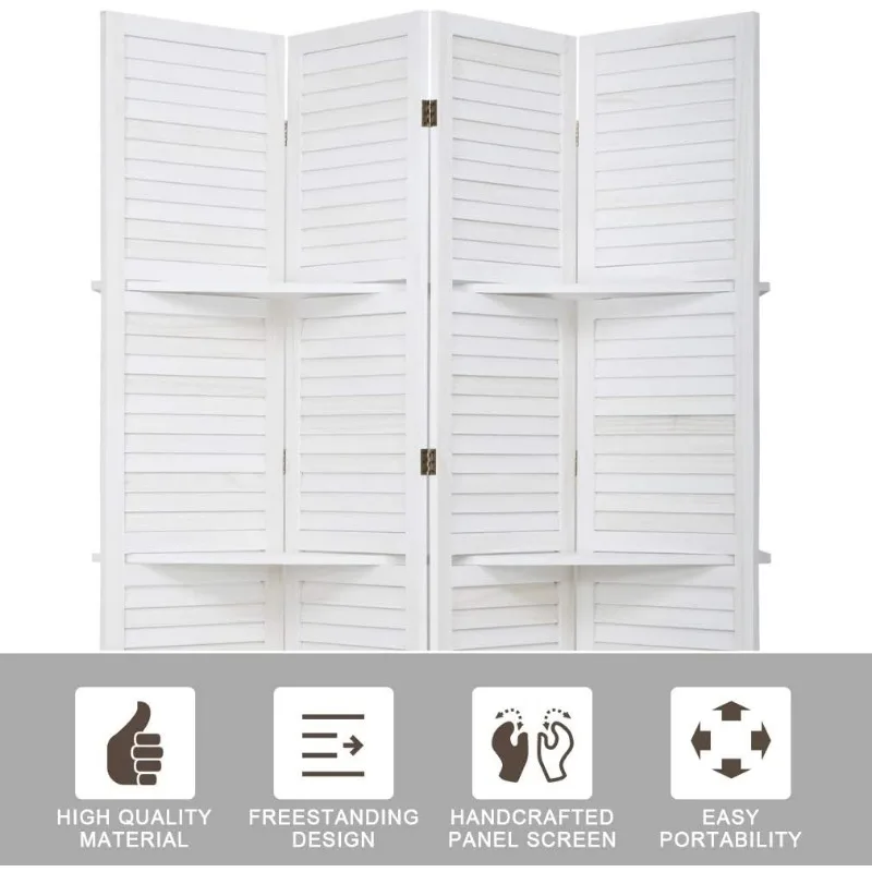 4 Panel Room Divider Folding Privacy Wooden Screen with Three Clever Shelf Portable Partition Screen Screen Wood for Home