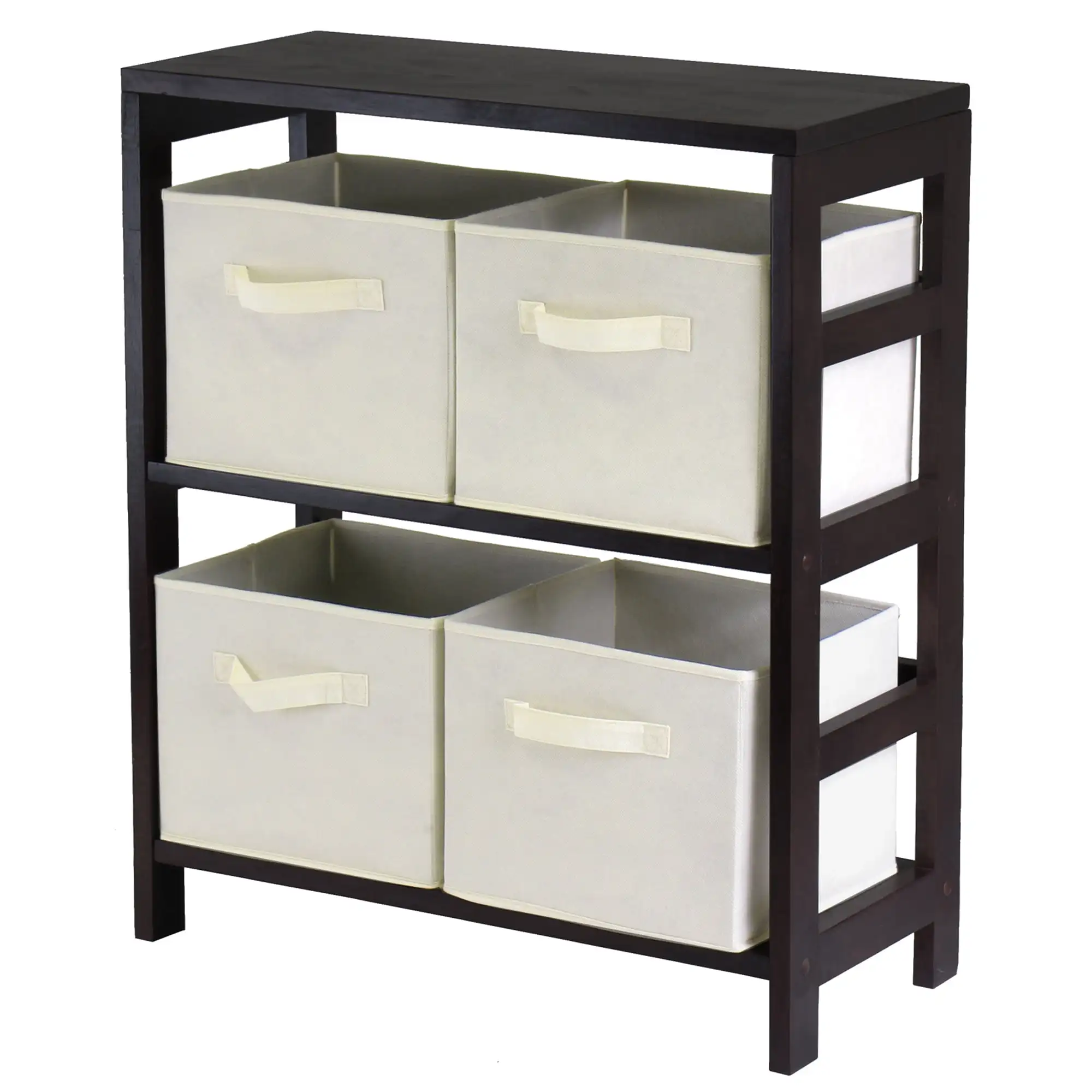 

Capri 5-Pc Storage Set, 2-Section Bookcase & 4 Foldable Beige Fabric Baskets, Espresso Finish