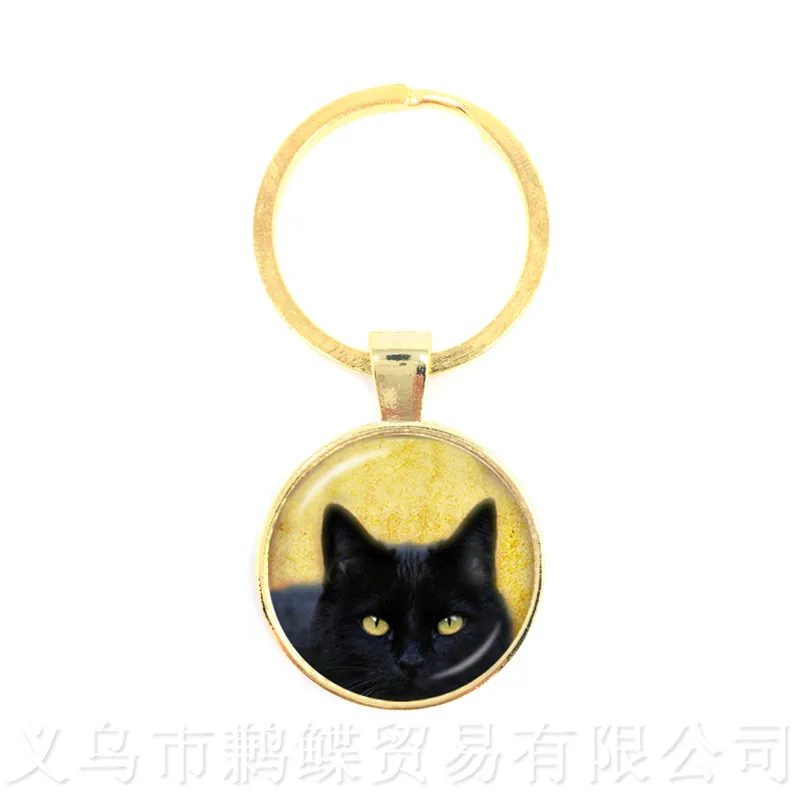 Cat And Moon Pattern Keychains 25mm Round Glass Dome Animal Picture Series Keyring Cat Lover Creative Gift Handmade Pendant