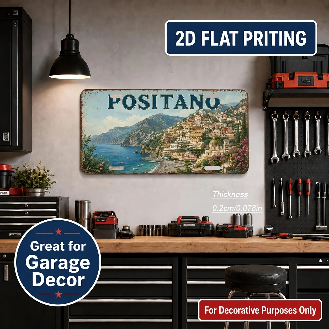 2D Flat, [2D Flat] 1pc Italian Positano-Themed Vintage Wall Sign - Rectangular Plaque Suitable for Home Decor, Italian Coastal D