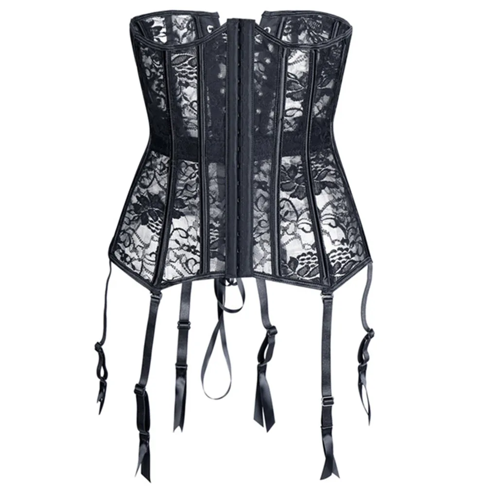 

Sexy Erotic Bustiers And Corsets Lingerie Tops For Women Underwear Perspective Floral Mesh Lace Overbust Corset Garter Black 6XL