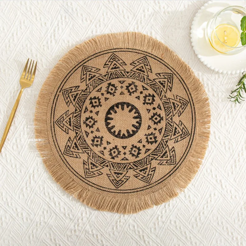 4Pcs Bohemian Style Round Heat-Insulating And Scalding-Proof Dining Mat With Diameter Of 38Cm Anti-Skid Tassel