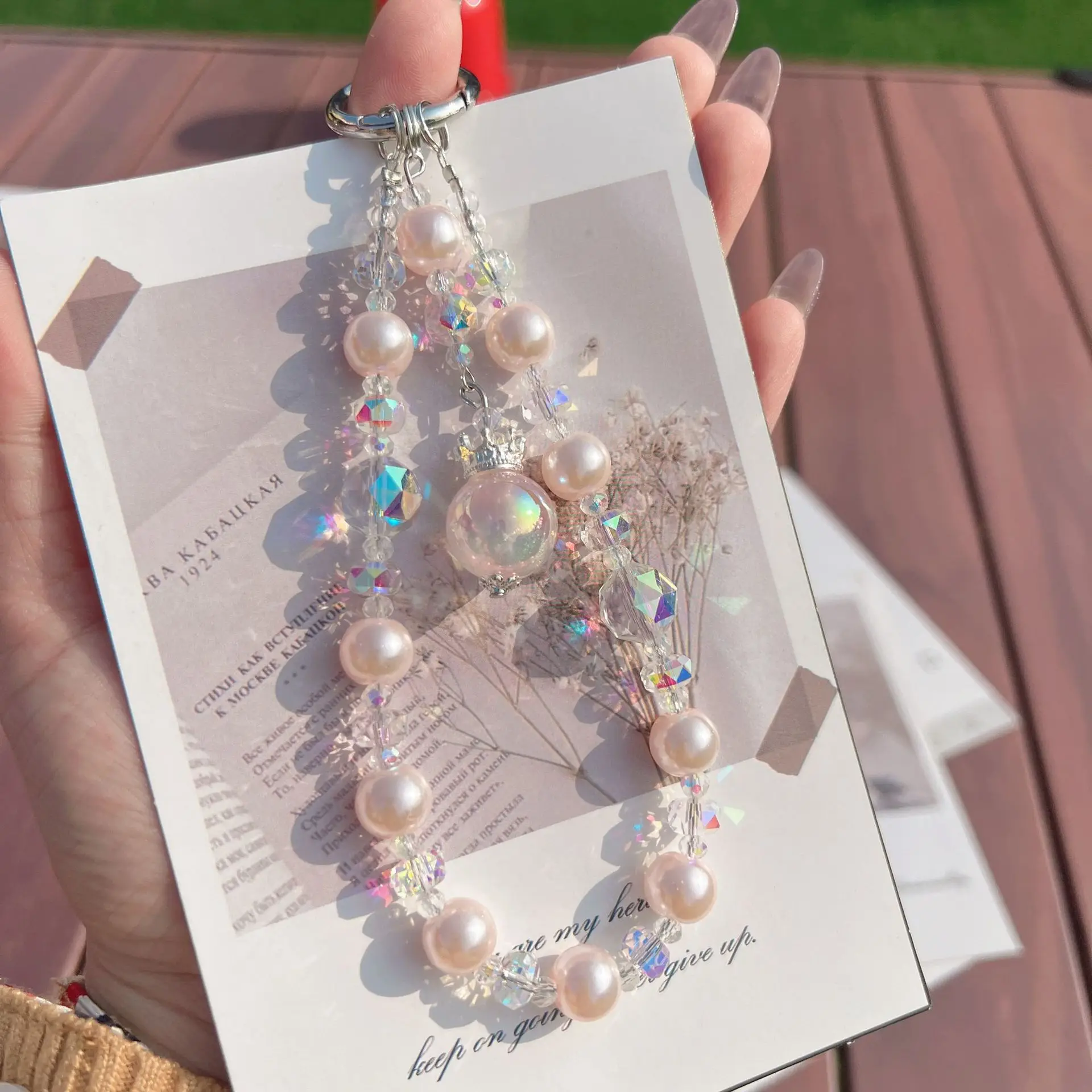 For Phone Hanging Chain Crown Pendant High-End Simple Crystal Beaded Accessory Keychain Niche Light Luxury Short Style