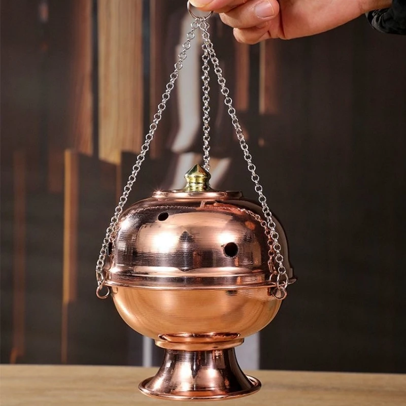 Multifunctional Hanging Incense Burner Red Copper Engraved Stupa Aromatherapy Stove Meditation Smoke Furnace Altars Decorative