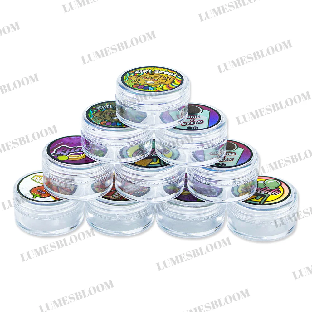 3ml Plastic Jar Laser Sticker Set Empty Storage Box Wax Blam Cream Oil Round Clear Container 30x15mm Customize Packaging Logo