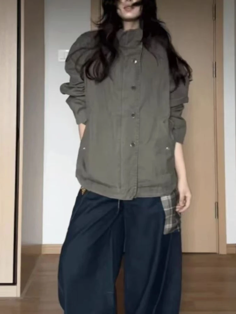 

Vintage Washed Utility Jacket Women Stand Collar Button Front Oversized Long Sleeve Cool Spring Fall 2025 Essential Coat Outwear