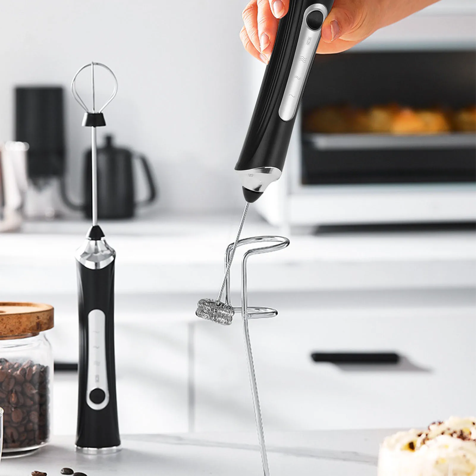ミルク泡立て器ワンド充電式ハンドヘルドフォームメーカードリンクミキサー電動泡立て器スタンド付きコーヒーホットチョコレート抹茶用
