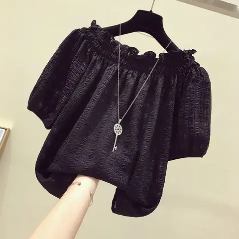블랙 캐주얼 슬래시 넥 퍼프 슬리브 쉬폰 풀오버 여성 블라우스 셔츠 여성 의류 탑 패션 짧은 블라우스 2025