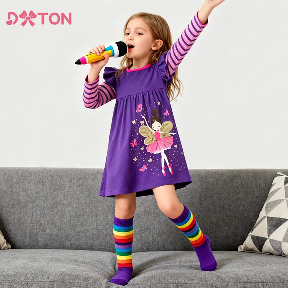 DXTON Autumn Kids Dresses Cotton Toddler's Girls Clothing Ballet Dancer Butterfly Printed Striped Long Sleeves Children Dresses