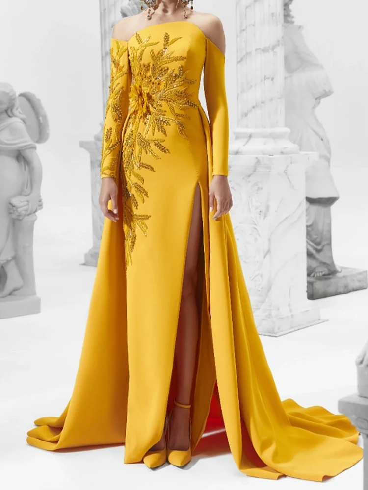 NA368 Customized Gold Yellow Long Sleeve Evening Dresses Off Shoulder Sexy Split Women Formal Occassion Wear Wedding Party Dress